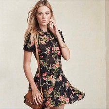 Reformation Mckendrie Floral Sheer Collar Short Sleeve Mini Shirt Dress Black 2