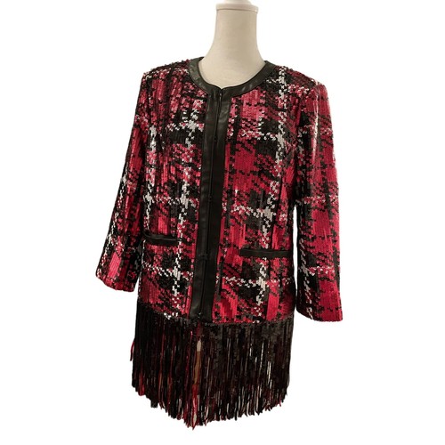 Bagatelle Womens Small Blazer Jacket Sequin Evening Fringe Plaid Embellished NWT - Picture 2 of 11
