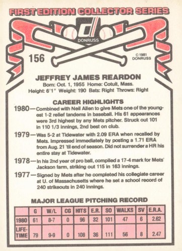 1981 Donruss #156 Jeff Reardon - Picture 2 of 2