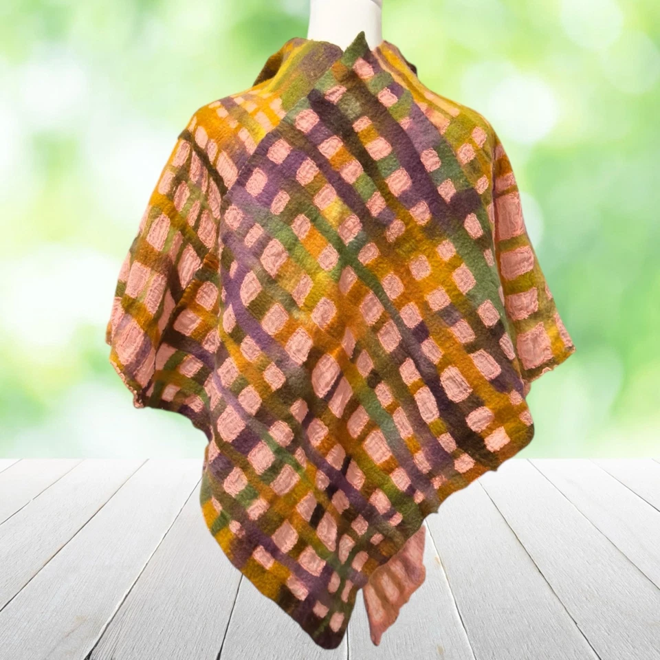 Handmade Nuno Felted Wrap Shawl Merino Wool Silk One Size Pink Green Artisan - Image 2 of 4