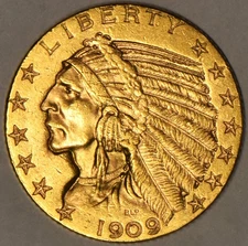 1909-D $5 Gold Indian Half Eagle; Nice BU