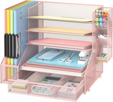 SUPEASY Mesh Desk Organiser, 5-Tier Paper Letter Tray with File Holder & Pen Ho