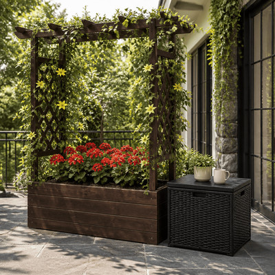 Raised Garden Bed with Trellis Wooden Planter Box Carbonized Arched Lattice Vine