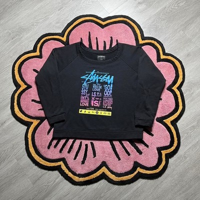 Women s Stussy Graphic Logo Pullover Crewneck Sweatshirt Size Large Black