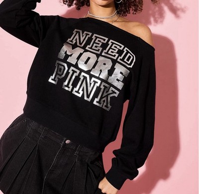 VS PINK CAMPUS FLEECE OFF THE SHOULDER SWEATSHIRT BLACK & SILVER LOGO XS-2XL