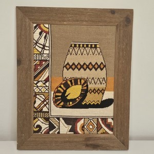 Framed Vintage Mid Century Yarn Wall Art 70s Southwest Pottery 20” by 16”