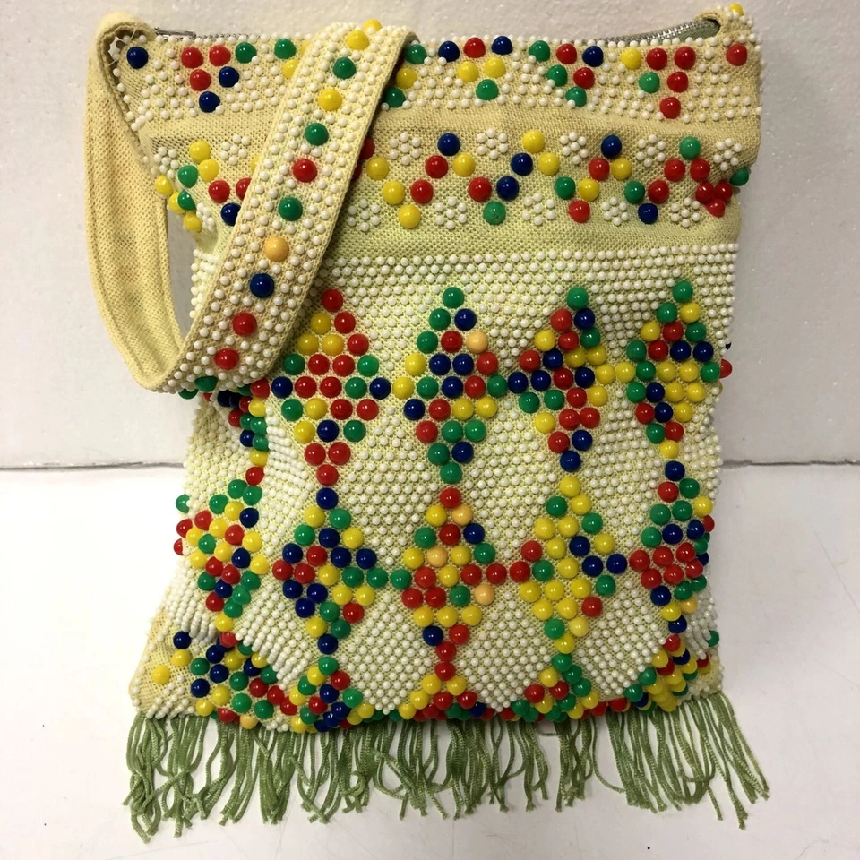 Nuevo de Lote Antiguo Bolso de Mano Hippie Arco Iris Años 60 70 RAINBOW Candy DOT Disco BORLA Cartera Foto 2 de 4