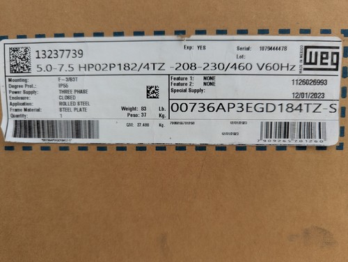 5HP AC Electric Motor - WEG 13237739 - 3600 RPM 2P 182/4TZ 3Ph 208-230/460V 60HZ - Picture 3 of 4