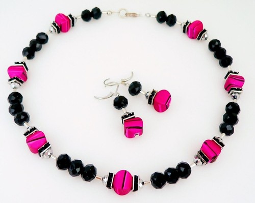 Schuckset Halskette Ohrring Würfel Perlen Glas Rondelle Strass Pink Schwarz 372h - Bild 9 von 11