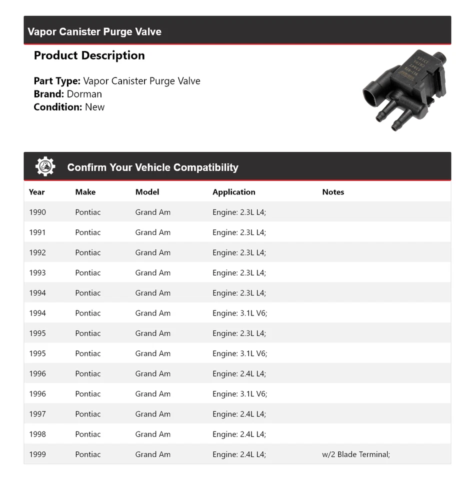 For 1990-1999 Pontiac Grand Am Dorman Vapor Canister Purge Valve 1991 1992 1993 - Image 2 of 4