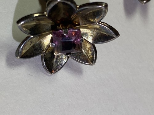 Vintage Vermeil Sterling Silver screw back Earrings Hand Made Flower Amethyst - Picture 6 of 12