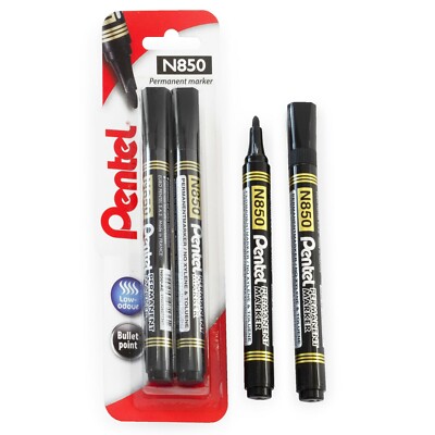 Pentel N850 Permanent Marker Pen Bullet Point Black Ink Blister of 2