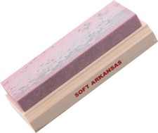 Piedra de afilar de cuchillos blandos Arkansas montada en un bloque de madera AC5
