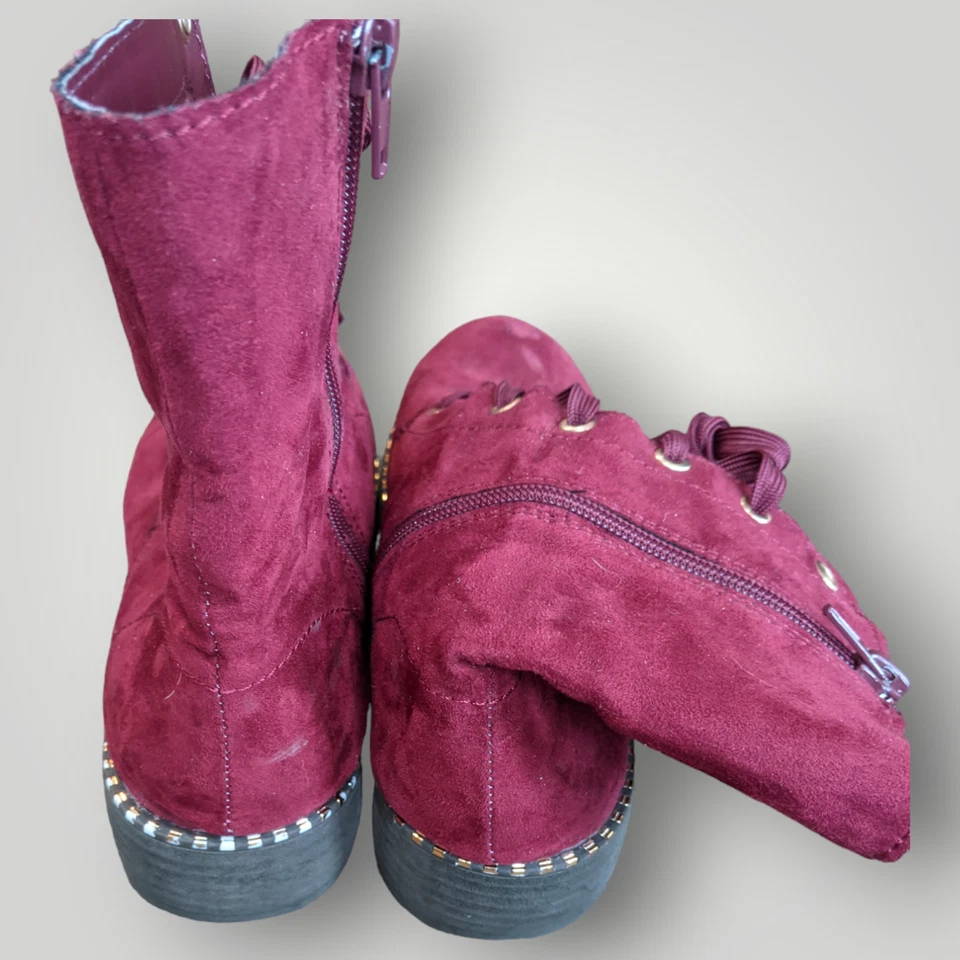 Botas de bambú para mujer EE. UU. 7 rojas hoguera imitación gamuza con cordones talla cremallera media pantorrilla Foto 4 de 4