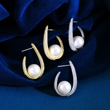 Silver Plated Cubic Zirconia Micro Paved U Shape Pearl Drop Earrings Women Party