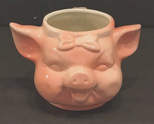 Vtg RARE Coffee Mug Pink Piggy Shaped Figural Bow Collectible Ceramic 3D Cup - Picture 2 of 10
