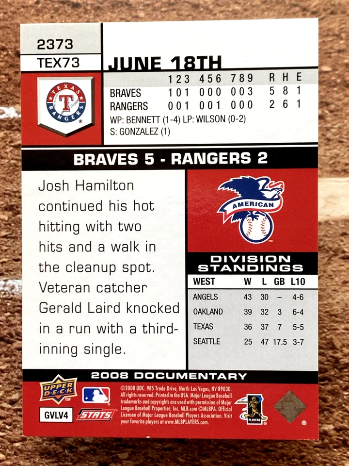 2008 Upper Deck Documentary Ian Kinsler #2373 - Image 2 of 2