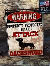 Warning Property Protected By Attack Dachshund 9"x12" Metal Wreath Door Dog Sign