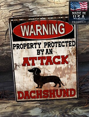 Warning Property Protected By Attack Dachshund 9''x12'' Metal Wreath Door Dog Sign