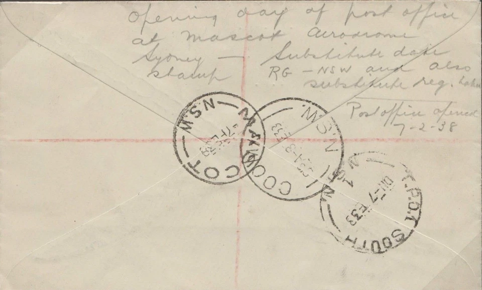 AUSTRALIA AIR MAIL First Day *Mascot Aerodrome* PO Cover 1938 Cooma TPO MS995 - Image 2 of 2