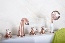 Red Copper Widespread Bathtub Faucet 5 Hole Roman Tub Mixer Tap with Hand Shower