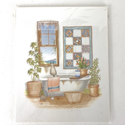 Carol Green Print Cat Looking Out Window Bathtub Hand Signed 9658