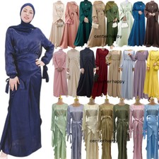 Satin Women Abaya Long Maxi Dress Dubai Kaftan Turkey Islamic Gowns Muslim Robe