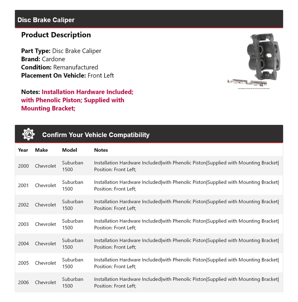 Pinza de freno de disco delantera izquierda cardone 2001 para Chevrolet Suburban 1500 2000-2006 Foto 2 de 4