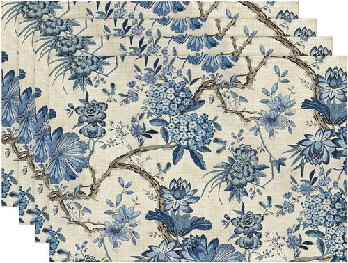 Placemats Set of 4 Blue Flowers Bunches Place Mats Washable Table Dinner Mats...