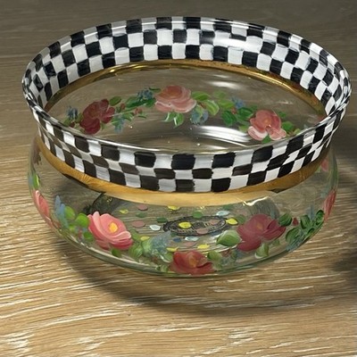 Vintage 1993 Mackenzie Childs Circus Rose Floral Courtly Check 4  Glass Bowl