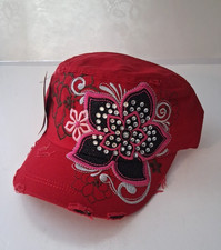 Gorra Leader LOGA Cadete Flor Roja Cristal Envejecido Tachonado Para Mujer Ajustable