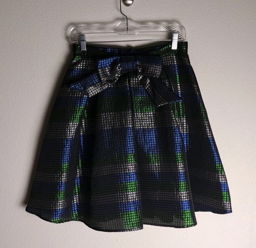 Eva Franco by Anthropologie Blue Green Silver Black Pleated Retro A-Line Skirt 8 - Picture 1 of 3