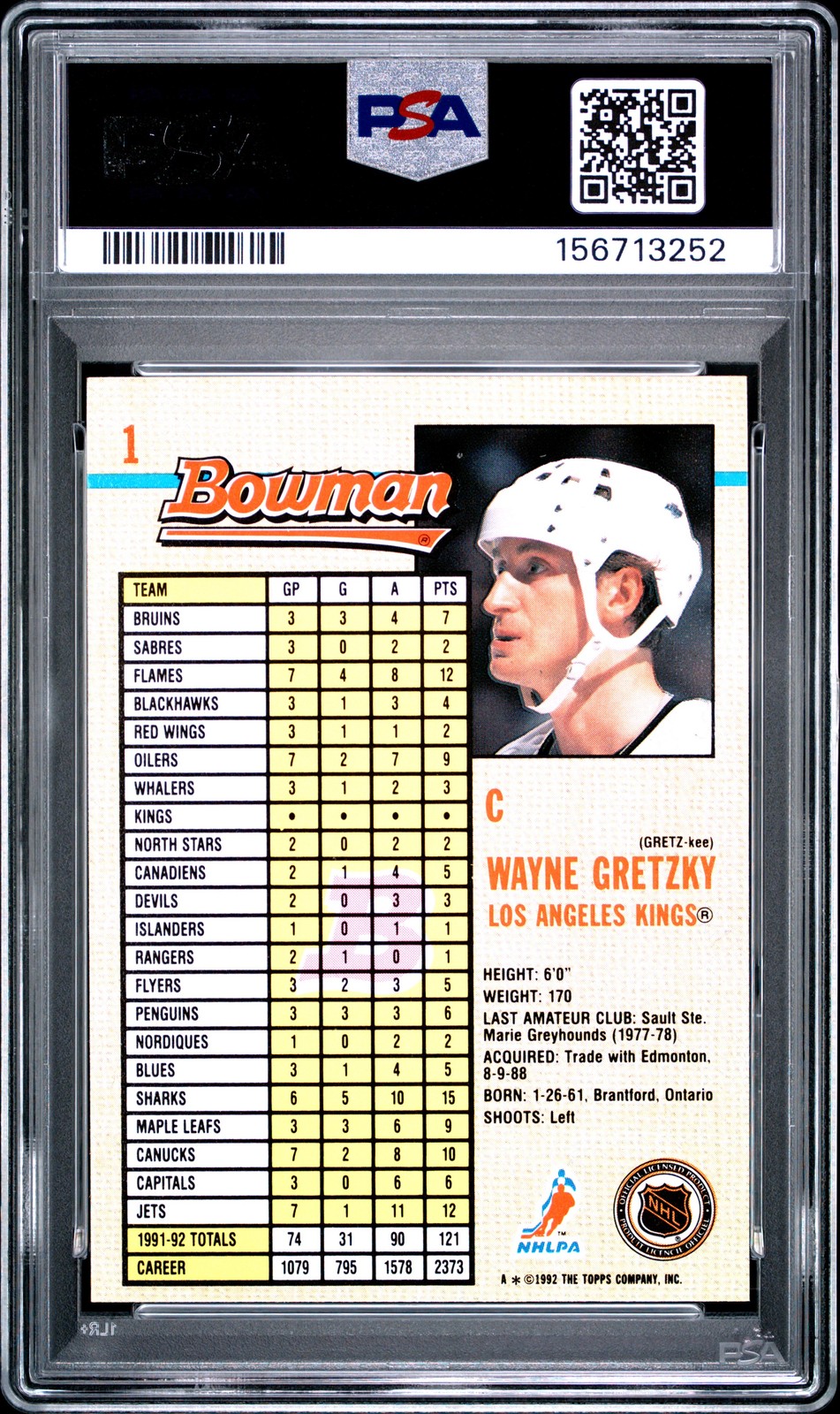 1992 BOWMAN #1 WAYNE GRETZKY PSA 9 view 2
