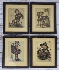 (4) Vtg Original Mini Hummel Prints Wall Decor Faux Wood Frames West Germany 