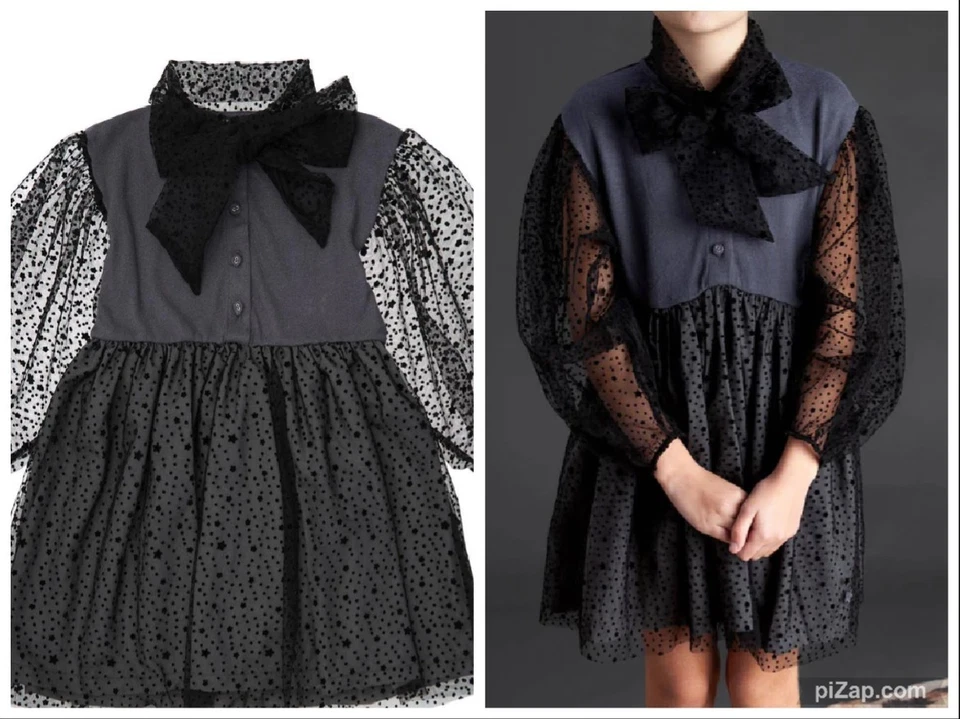 TOCOTO VINTAGE GREY BLACK STARS TULLE VELVET PARTY DRESS LONG SLEEVES BOW 12 - Image 3 of 4