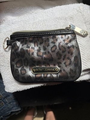 Betsey Johnson Animal Print Zip-Around Coin Wallet Key Ring Black Brown Silver