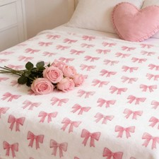Pink Bow Print Printed Throw Blanket Cute Feminine Cozy Style