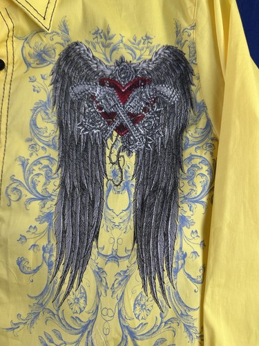 BIZZO MENS Western Dress Shirt Yellow Size XL Rhinestones Revolver With Wings - Picture 4 of 12