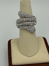 Silver Tone Rhinestone Stretch Ring Multi Band Crossover Statement Bling