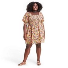 Rixo for Target 3X Smocked Floral Mini Dress Puff Sleeves 100% Cotton Pockets