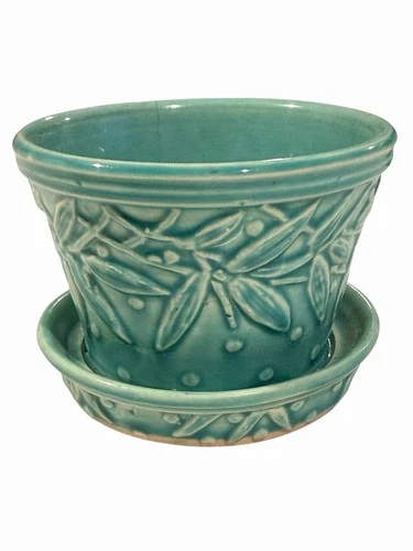 Vintage McCoy Pottery Leaves & Berries Hobnail Planter Attached Saucer Aqua
