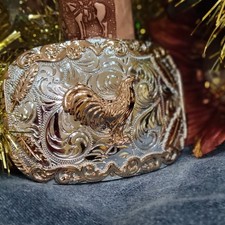 Rooster Cowboy Belt Buckle Western HebillaSilver Rosetone 4x3.5 Inch