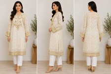 Deepak Perwani Women’s Kurta Size L Ivory Gold Embroidered Pakistani Tunic A31