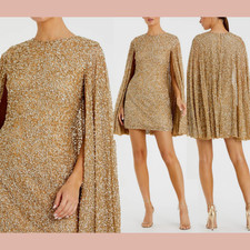 NWT $498 Mac Duggal [ 8 ] 5931 Sequined Cape Sleeve Mini Dress in Gold S1799