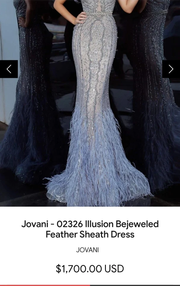 Jovani NEW Beaded Feather Embellished Illusion 02326 Gown Size 4 $1,700.00 - Image 3 of 4