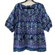 Talbots Womens 2X Shirt Top Peasant Purple Paisley Tassels Ruffle Puff Sleeve
