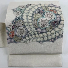 Nagoya Obi Cream Silk Tsumugi Floral Pattern 359cm Vintage Used