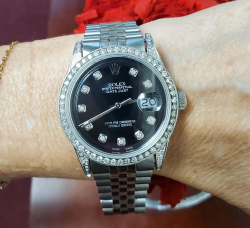 36mm 1967 Rolex Datejust 1601 Stainless Steel Diamond Dial Diamond Bezel Jubilee