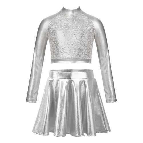 AU Girls Shiny Metallic Long Sleeve Crop Top with Skater Skirt Set Dance Outfits - Picture 16 of 73