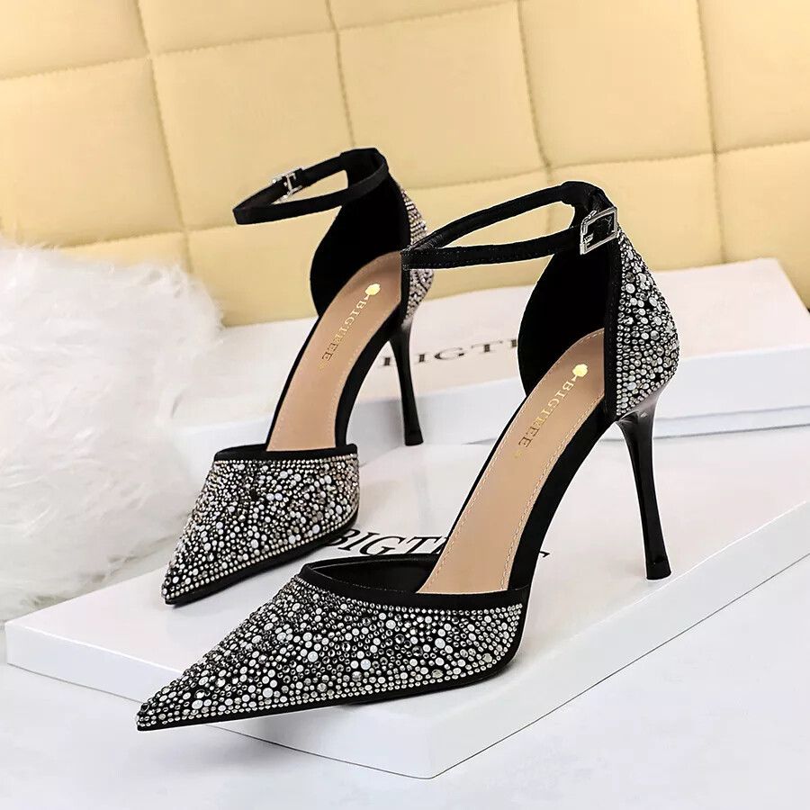 Zapatos de Salón 9CM Negro Pedrería Cinturón Elegantes Piel Sintético 34334